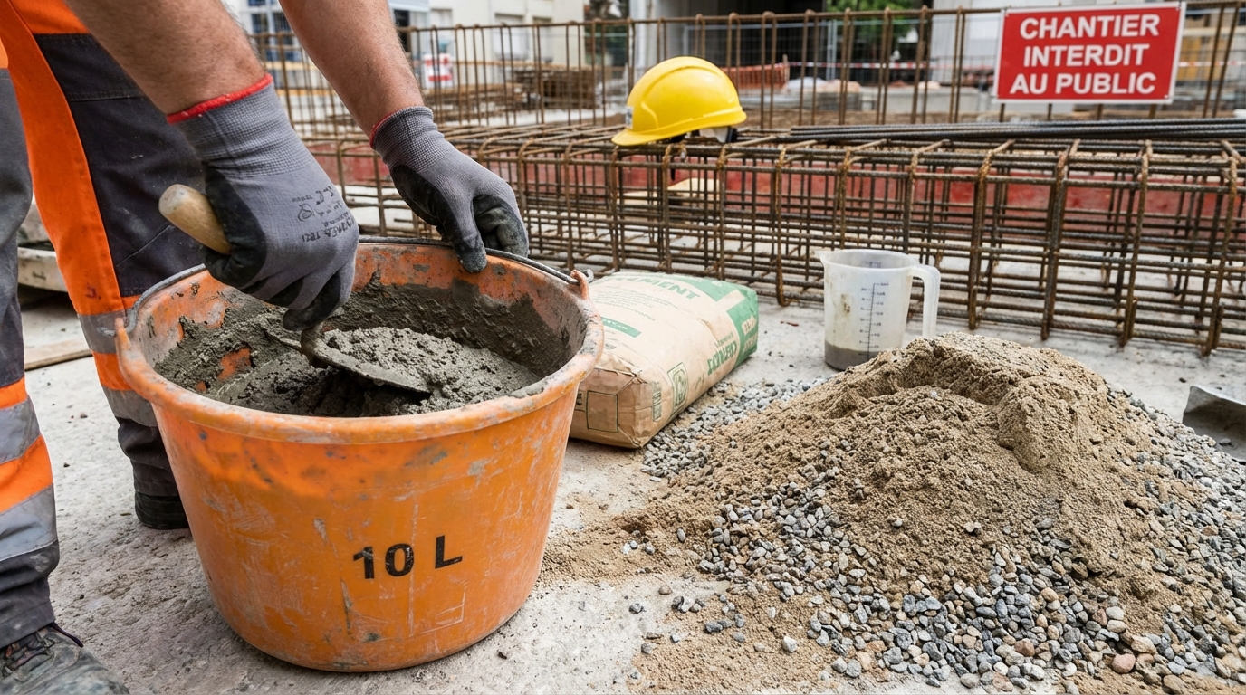 apprenez à doser facilement le béton avec un mélange sable-gravier en utilisant un seau, pour des travaux précis et réussis.