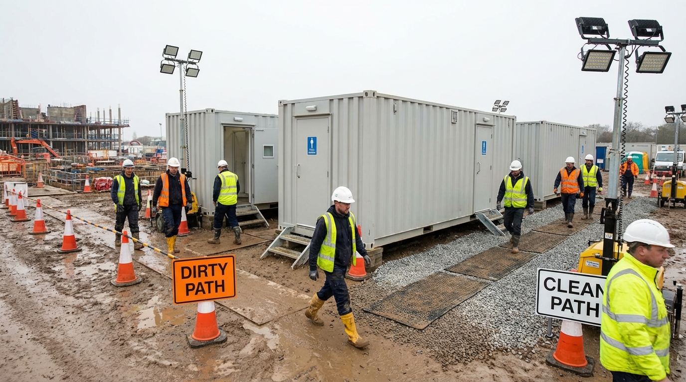 assurez la sécurité et l'hygiène de vos ouvriers avec une douche de chantier mobile obligatoire, idéale pour tous vos travaux en extérieur.