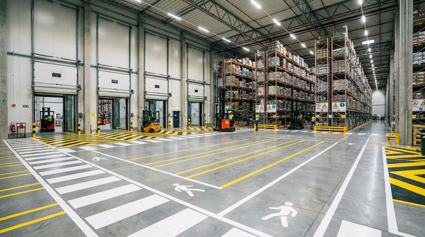 découvrez comment le marquage au sol en entrepôt garantit une circulation fluide et un stockage sécurisé, essentiel pour prévenir les accidents et optimiser l'organisation.
