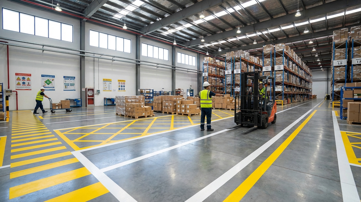 découvrez l'importance du marquage au sol en entrepôt pour garantir une circulation fluide et un stockage sécurisé, assurant ainsi la sécurité des employés et l'efficacité des opérations.